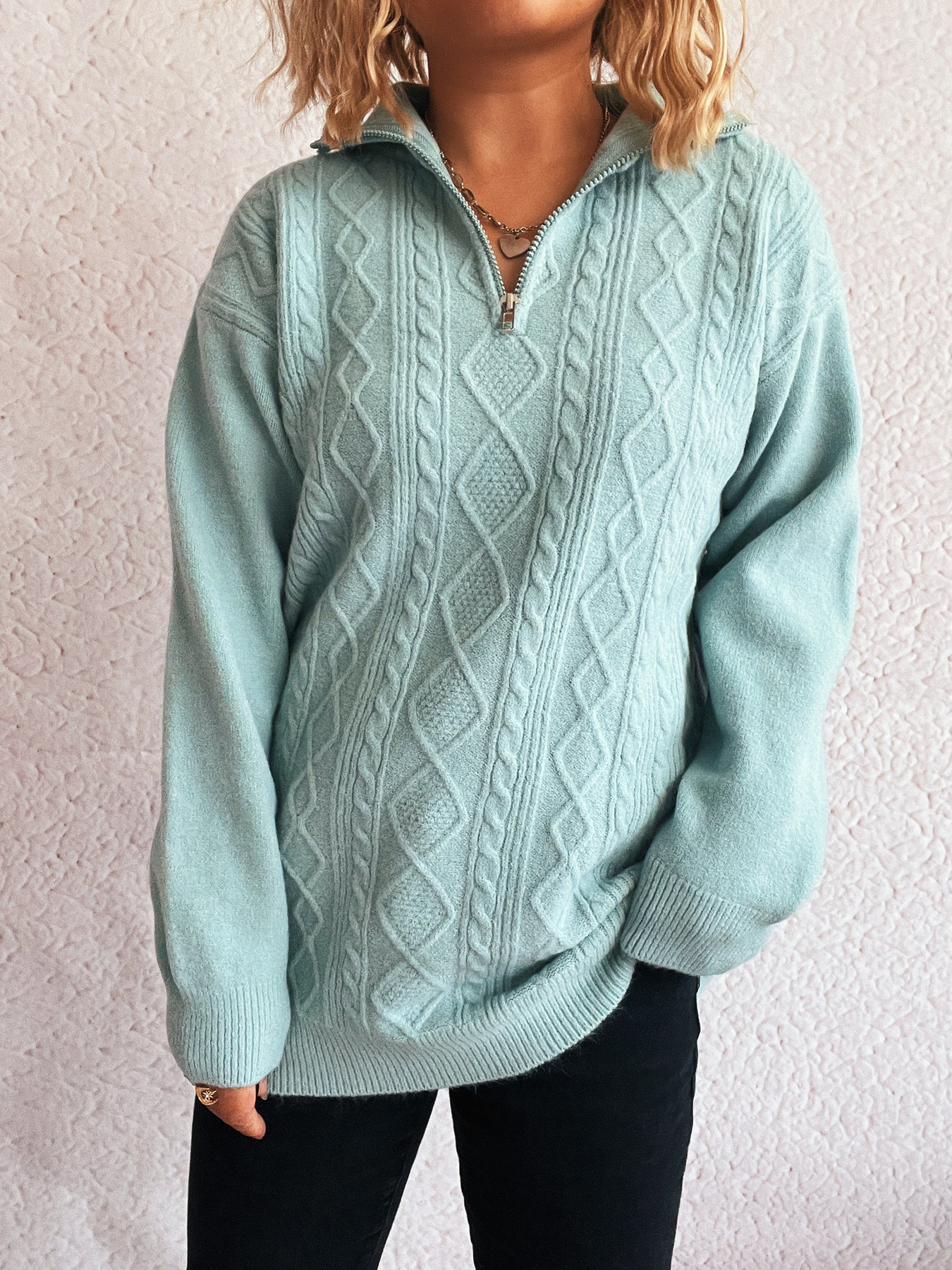 Texture Zip Collar Long Sleeve Sweater