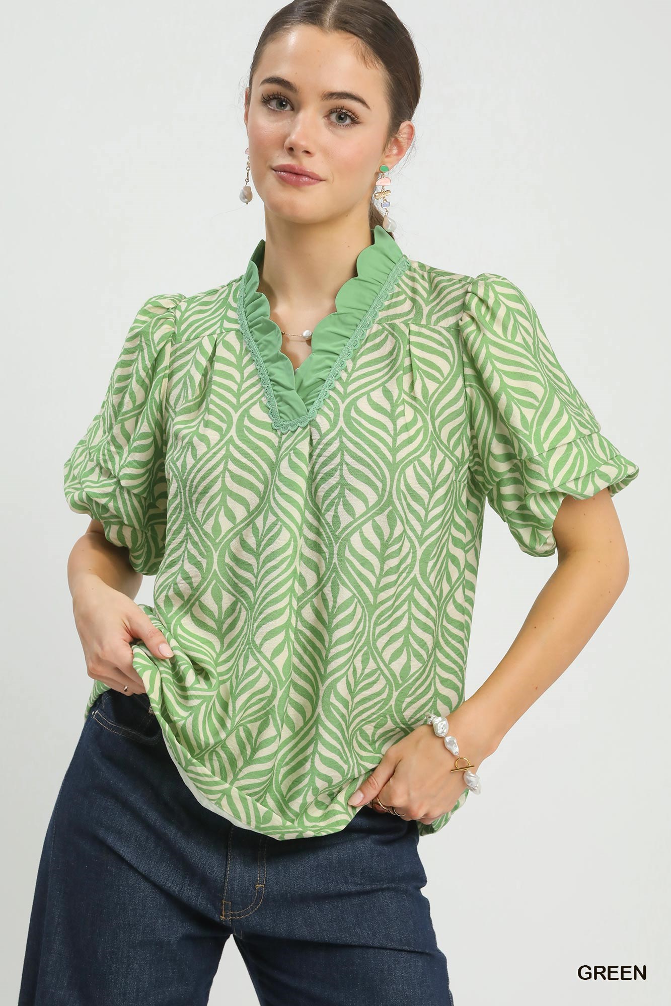 Umgee Printed Puff Sleeve Ruffle Neck Top