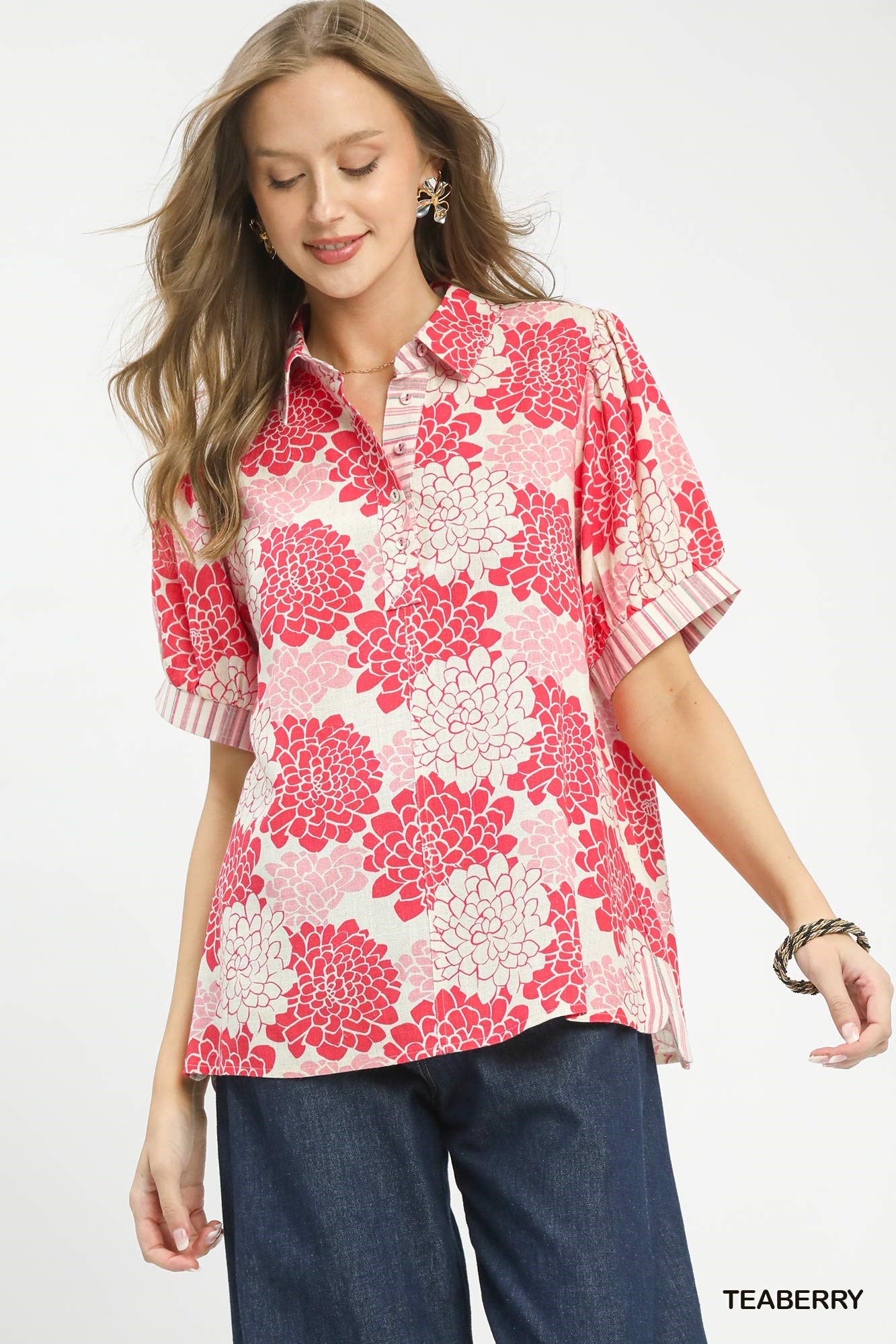 Umgee Floral Collared Short Sleeve Blouse