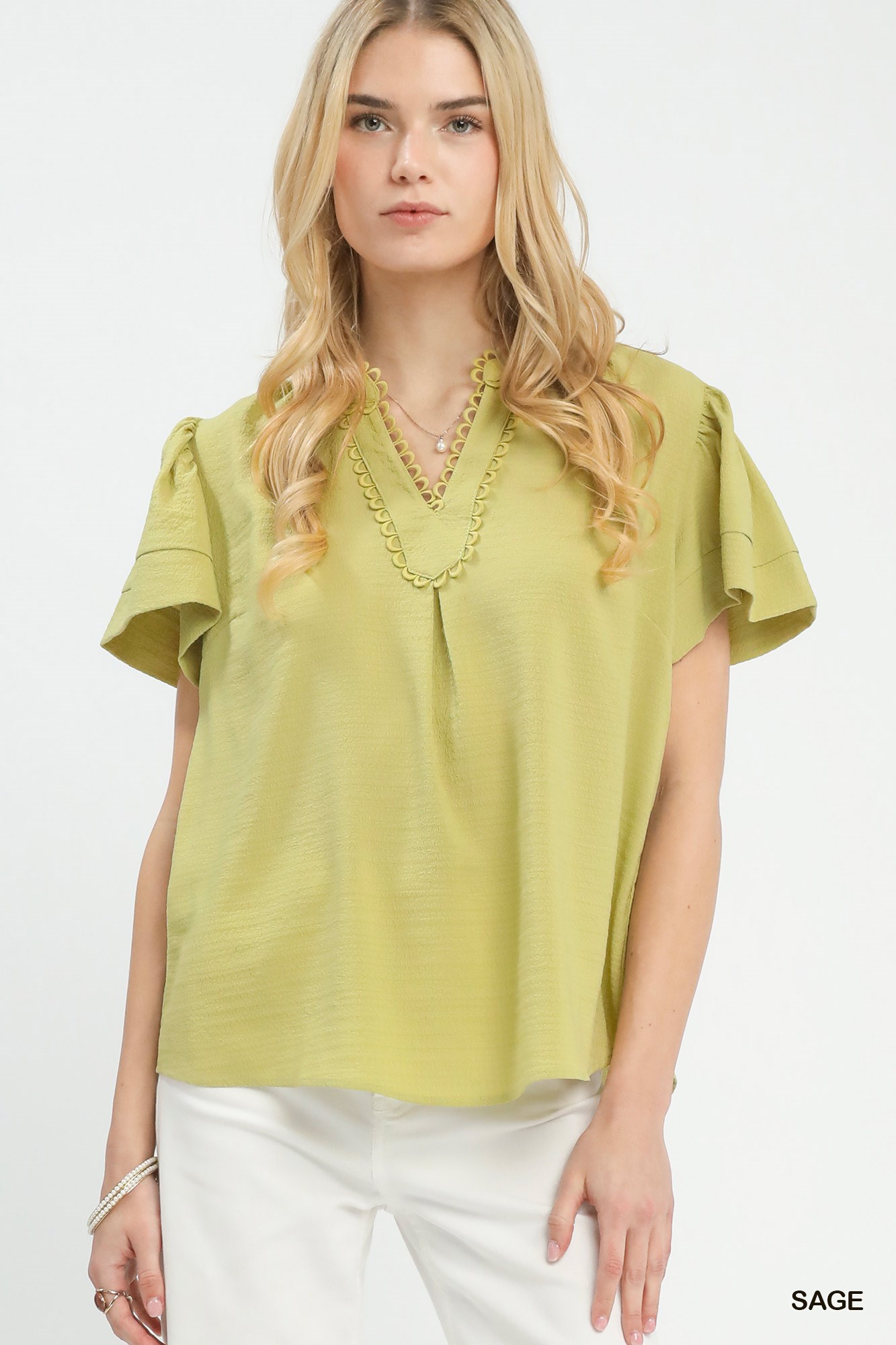 Umgee Seersucker Short Sleeve Top with Lace Trim