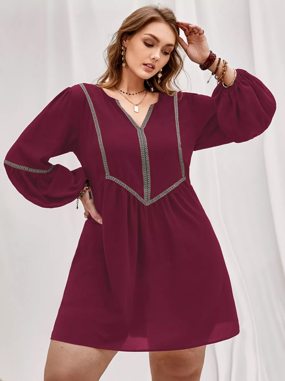 Plus Size Notched Balloon Sleeve Mini Dress