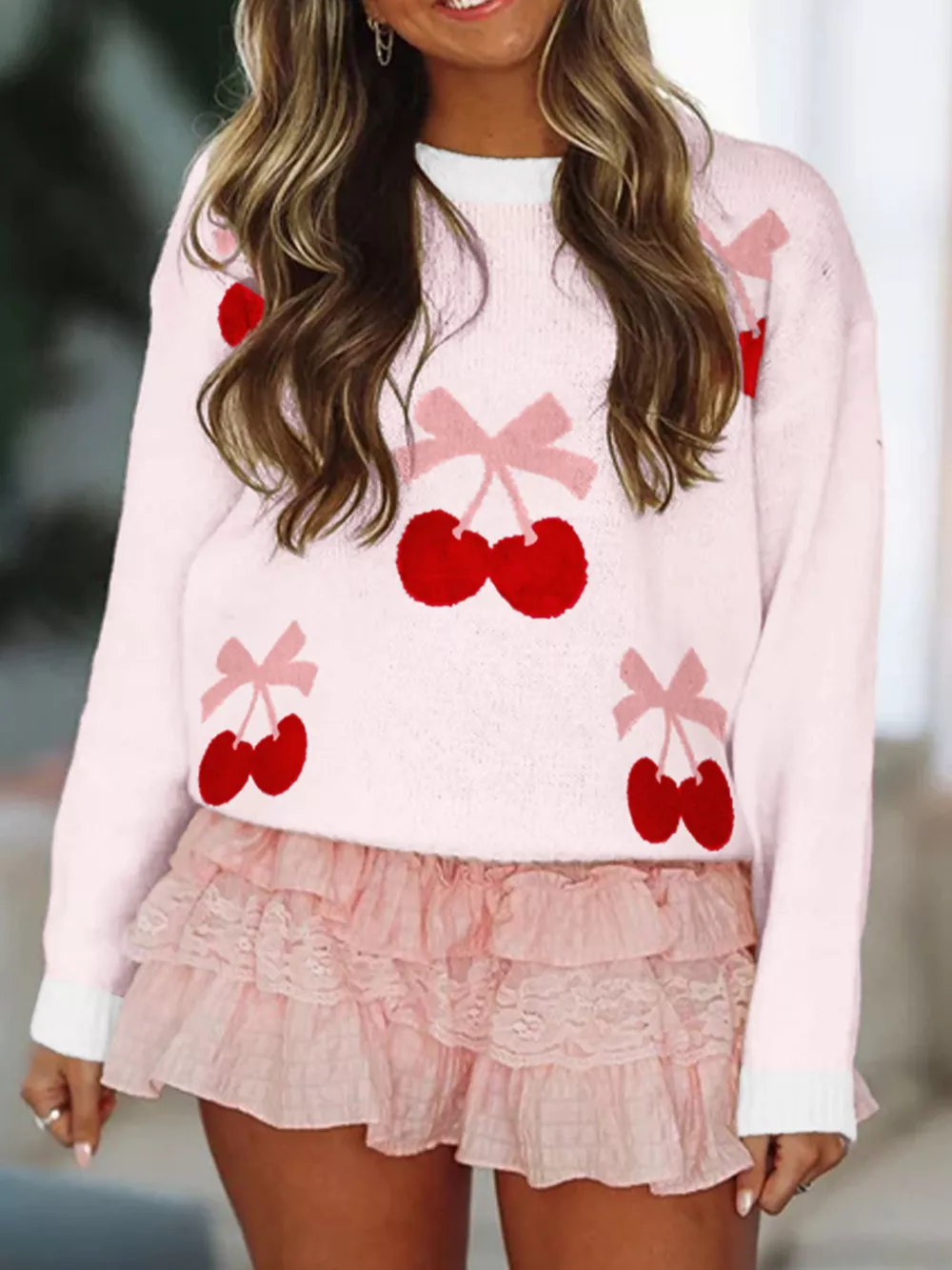 Cherry Pattern Drop Shoulder Sweater