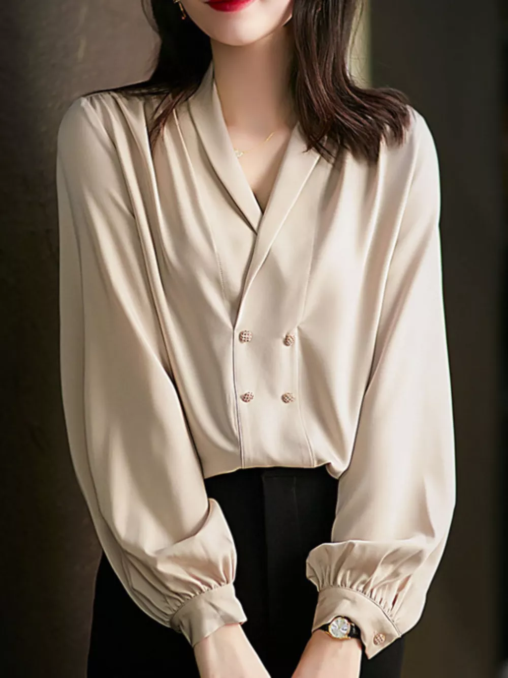 Ruched Front Decorative Button Long Sleeve Blouse