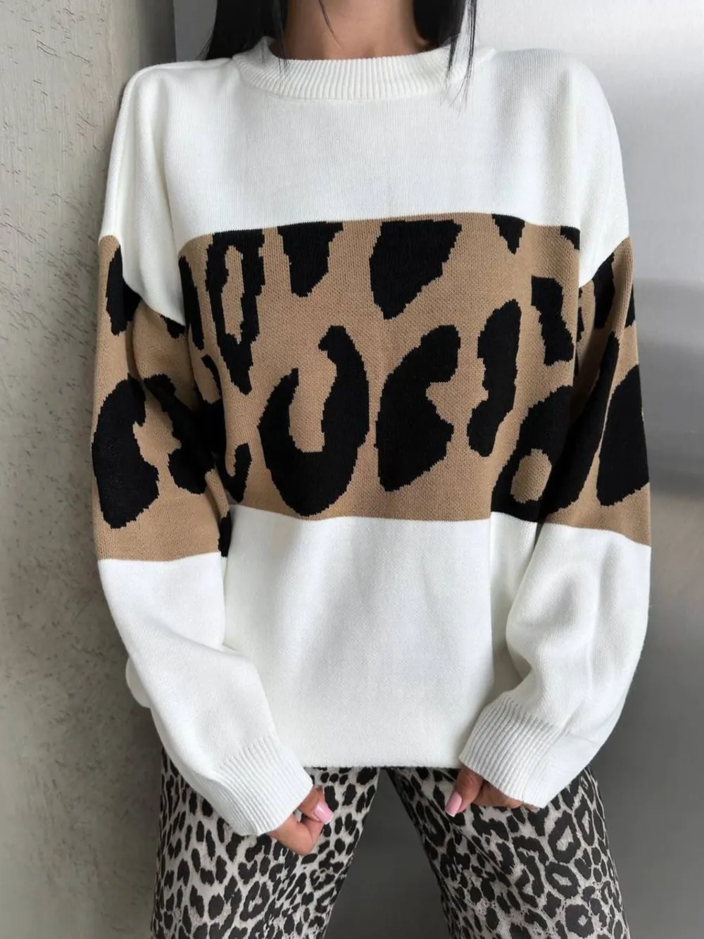 Leopard Color Block Round Neck Sweater