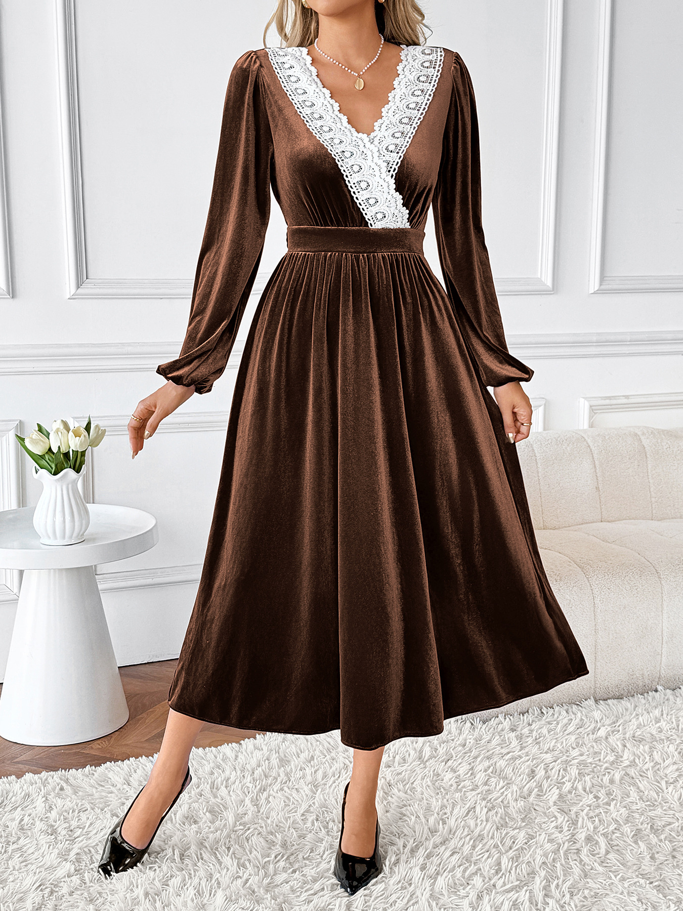 Velvet A-Line Dress with Lace Trim