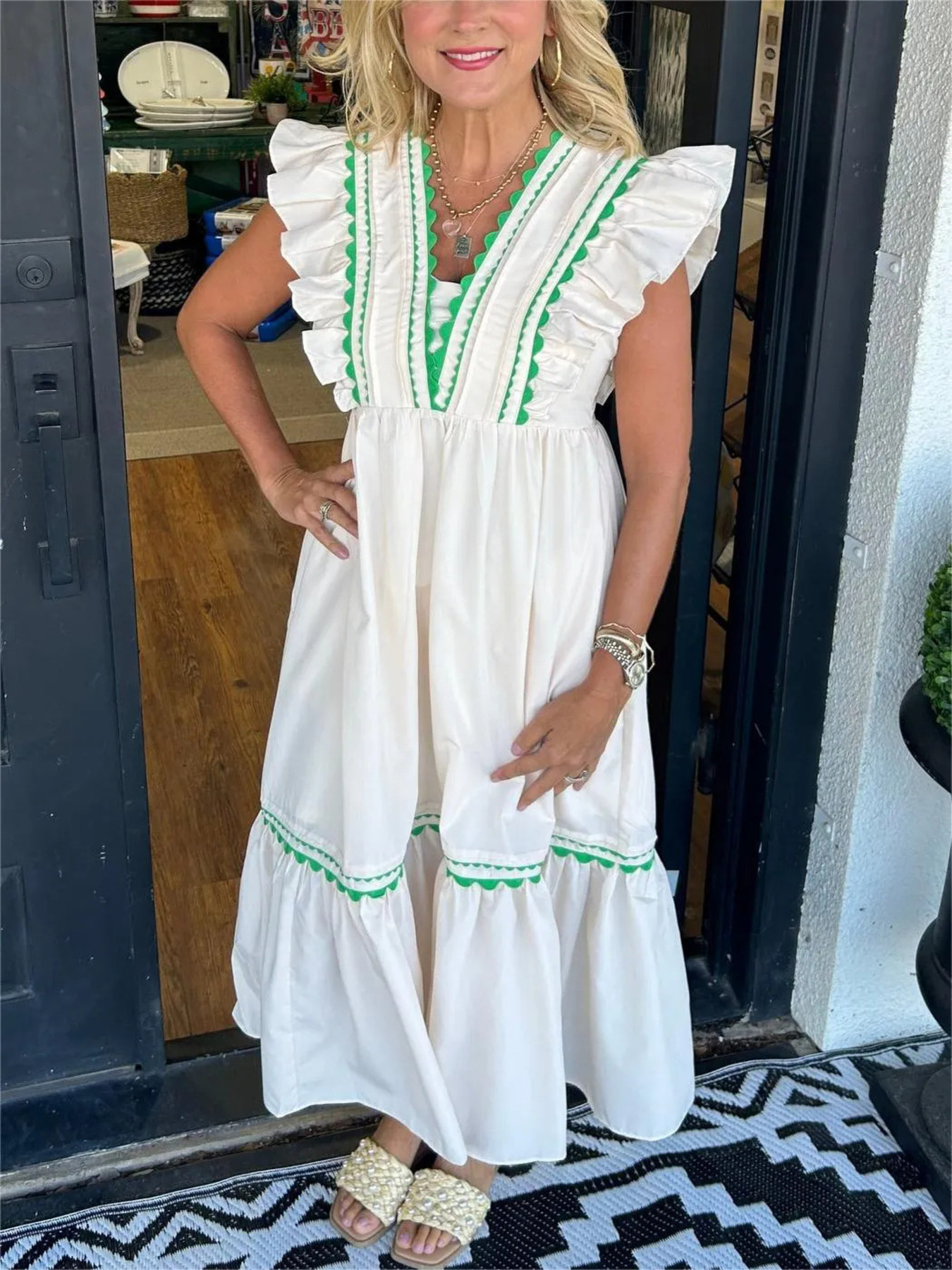 Full Size Contrast Trim Ruffled Cap Sleeve Dress Plus Size