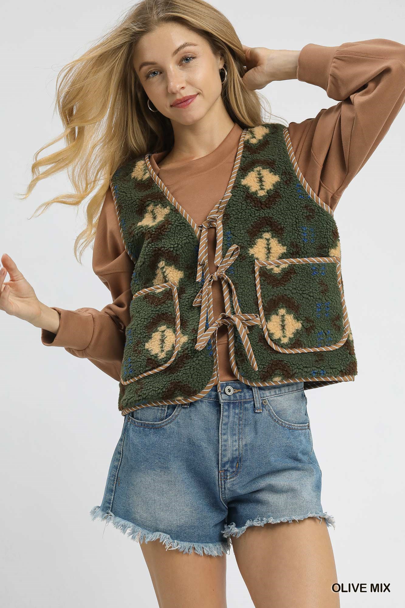Umgee Mix Patterned Sherpa Tie-Front Vest
