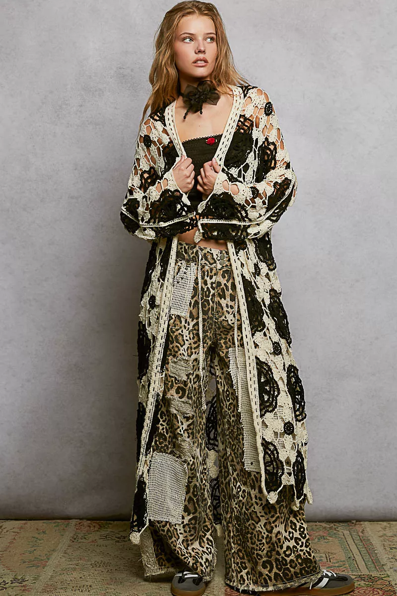 POL Open Front Crochet Longline Cardigan