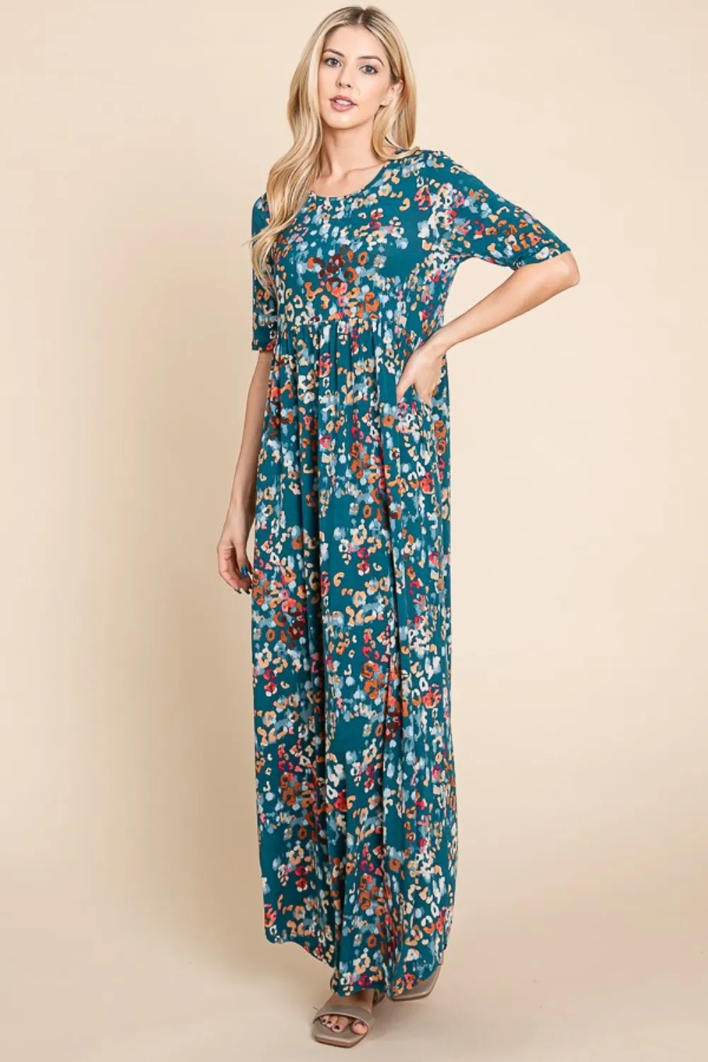 BOMBOM Printed Shirred Maxi Dress
