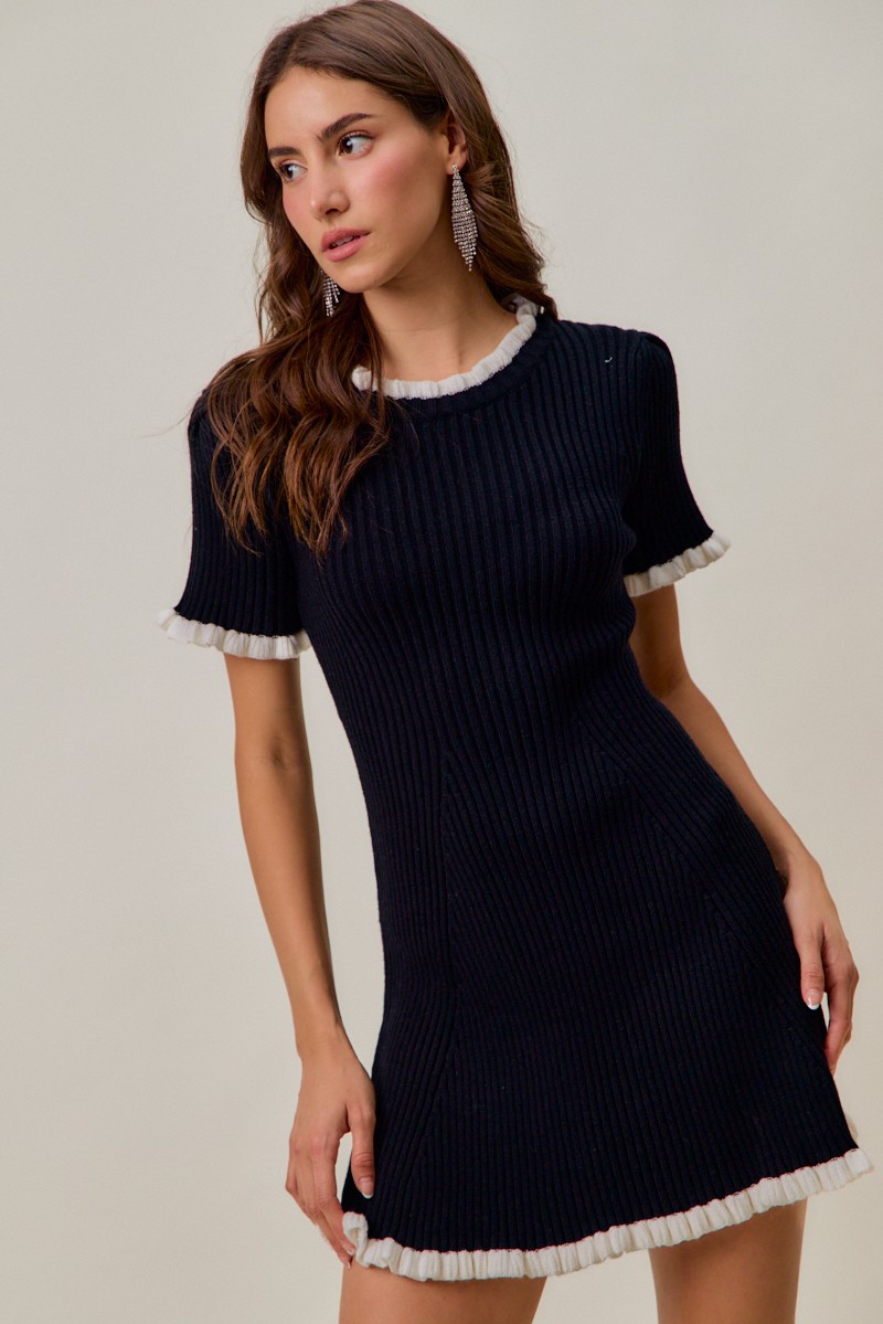 SO ME Contrast Ruffled Sweater Knit Mini Dress