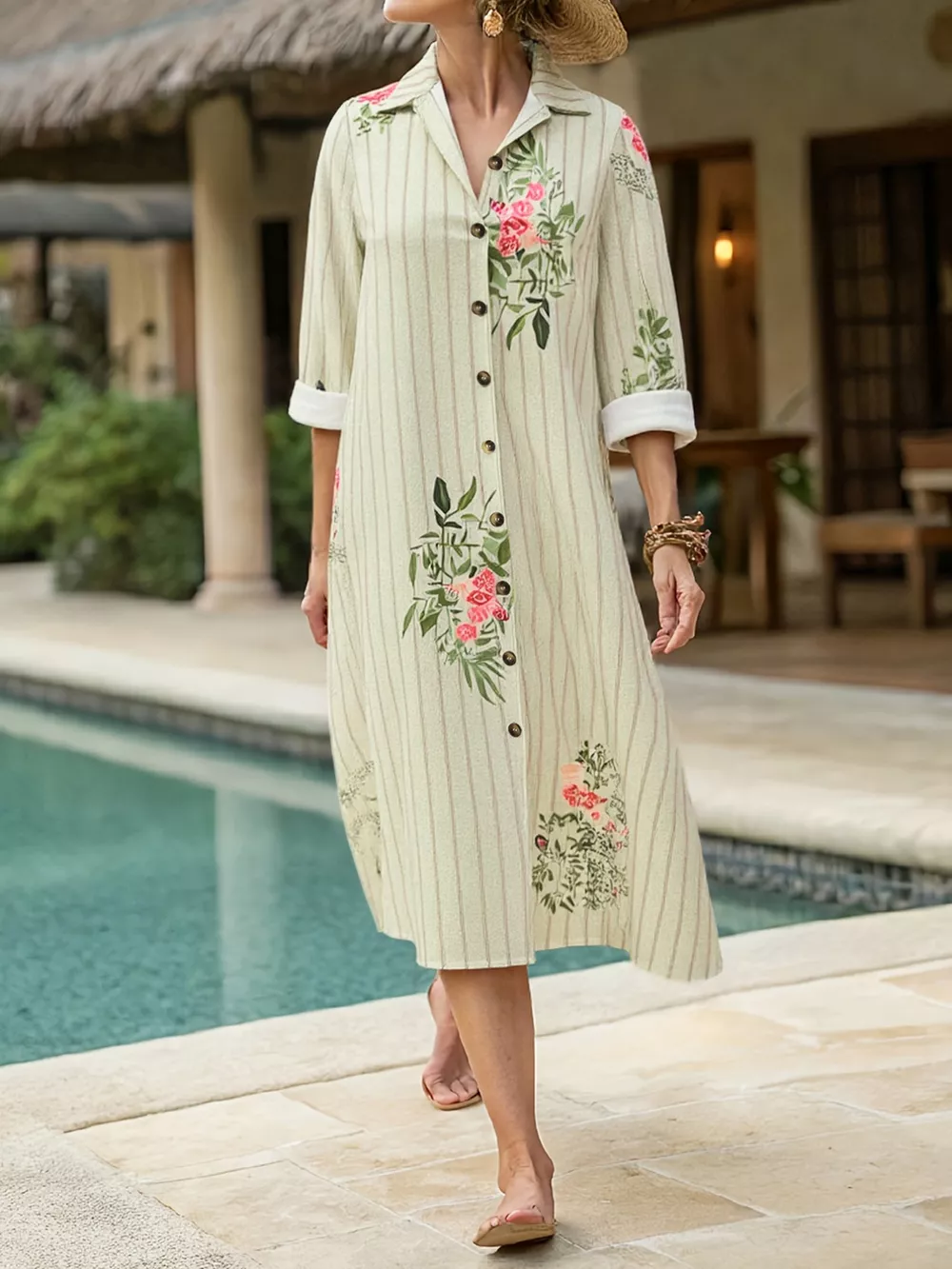 Plus Size Floral Striped Button-Down Midi Shirt Dress