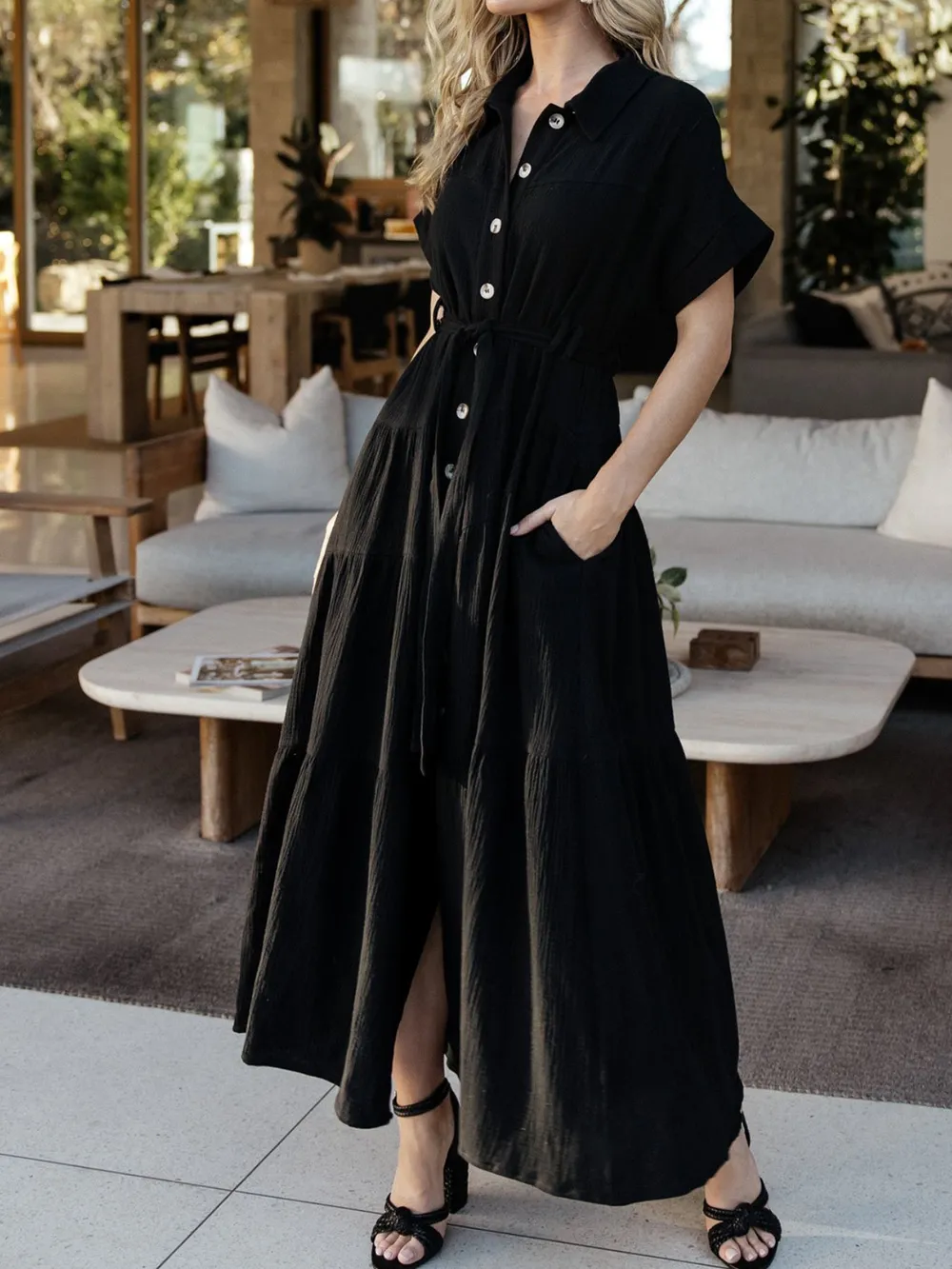 Button Front Short Sleeve Shirt Dress