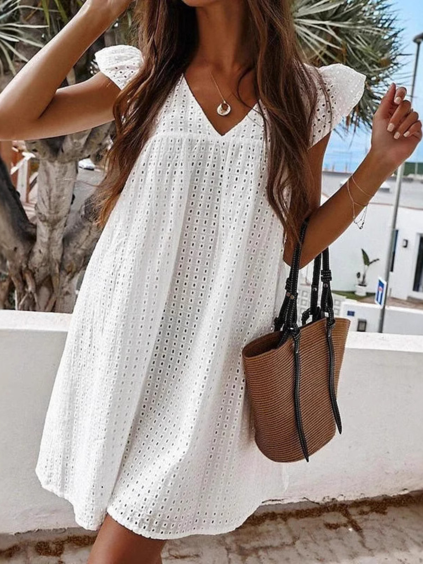 Eyelet V-Neck Summer Mini Dress