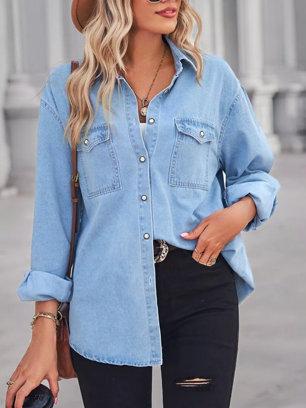 Button Down Washed Denim Shirt with Chest Pockets