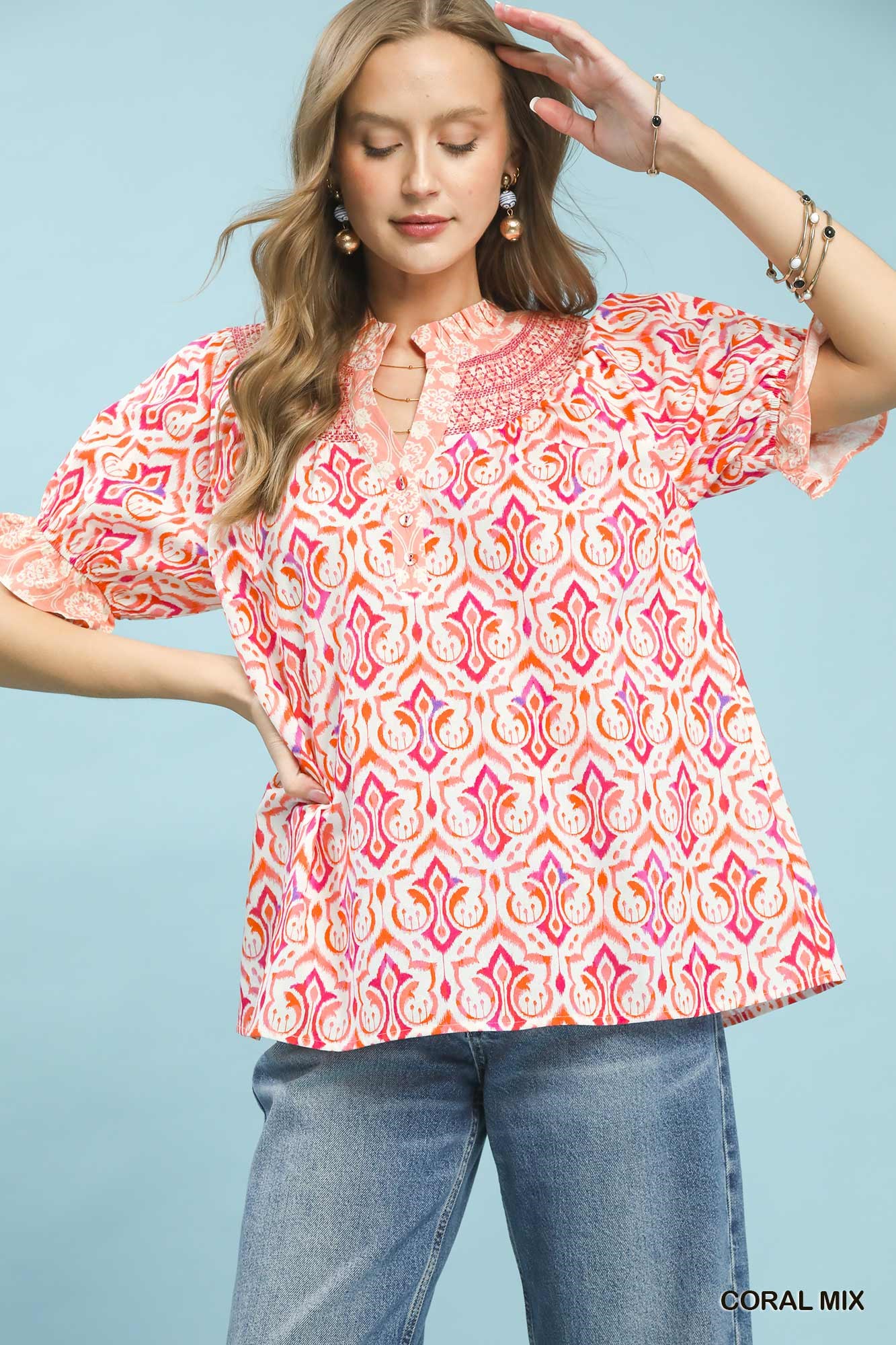 Umgee Mix Boho Puff Sleeve Smocked Top