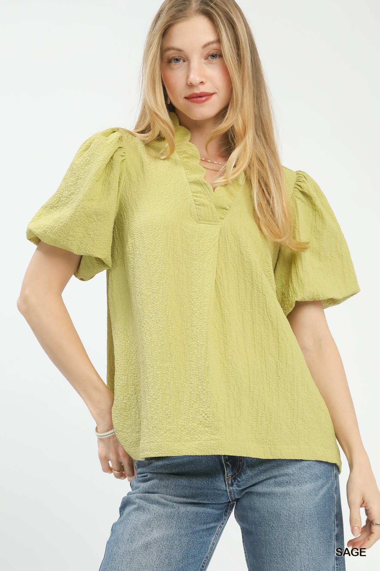 Umgee Seersucker Puff Sleeve Blouse