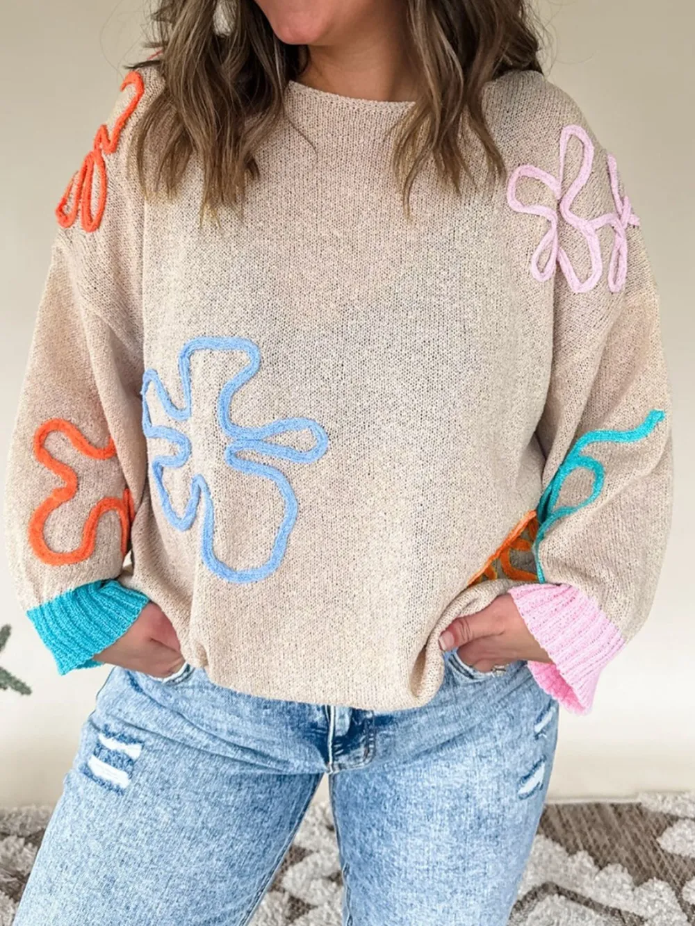 Flower Round Neck Drop Shoulder Sweater