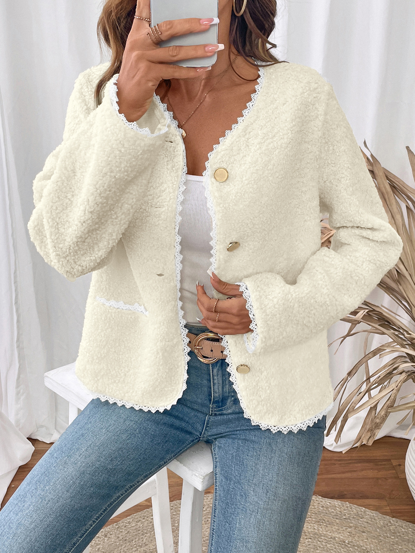 Lace Detail Button Up Long Sleeve Outerwear