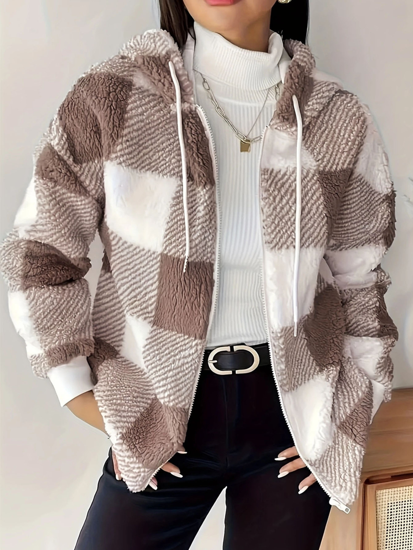 Drawstring Plaid Sherpa Zip-Up Hoodie
