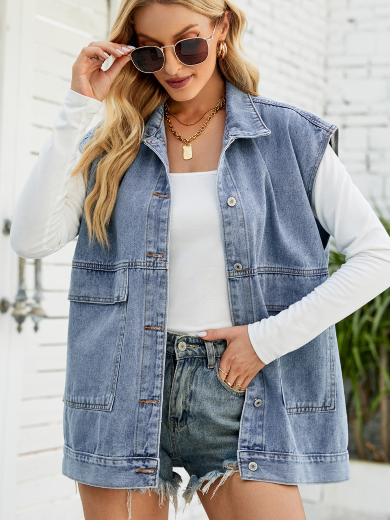 Sleeveless Button-Down Denim Jacket