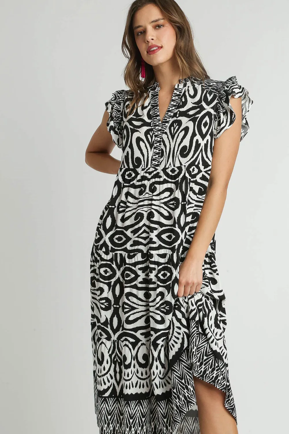 Umgee Full Size Two Tone Border Print Ruffle Cap Sleeve Midi Dress Plus Size