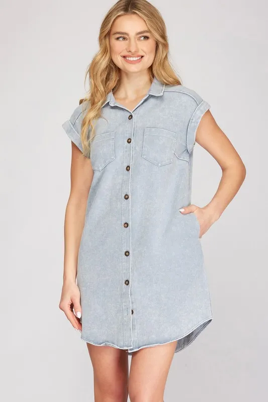 She + Sky Full Size Folded Cuff Button Down Washed Twill Shirt Dress Plus Size