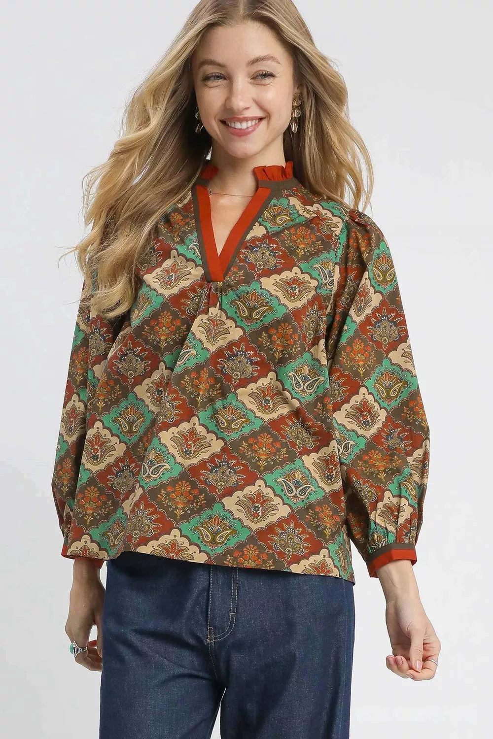 Umgee Abstract Print Ruffle Neck Top