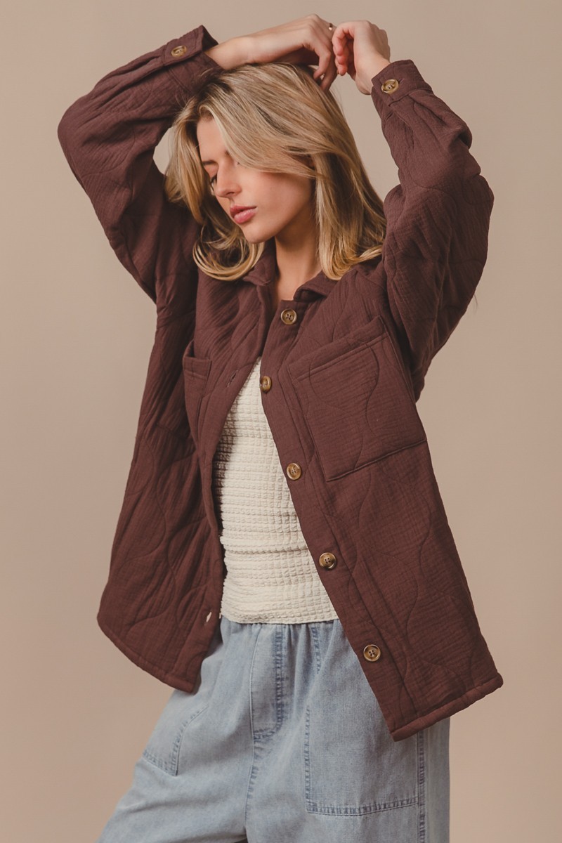 BiBi Quilted Wrinkle Gauze Long Sleeve Shacket