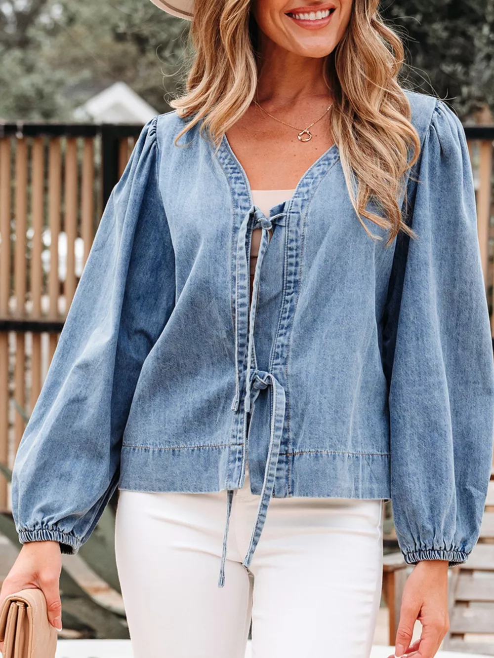 Tied Front Puff Sleeve Denim Top