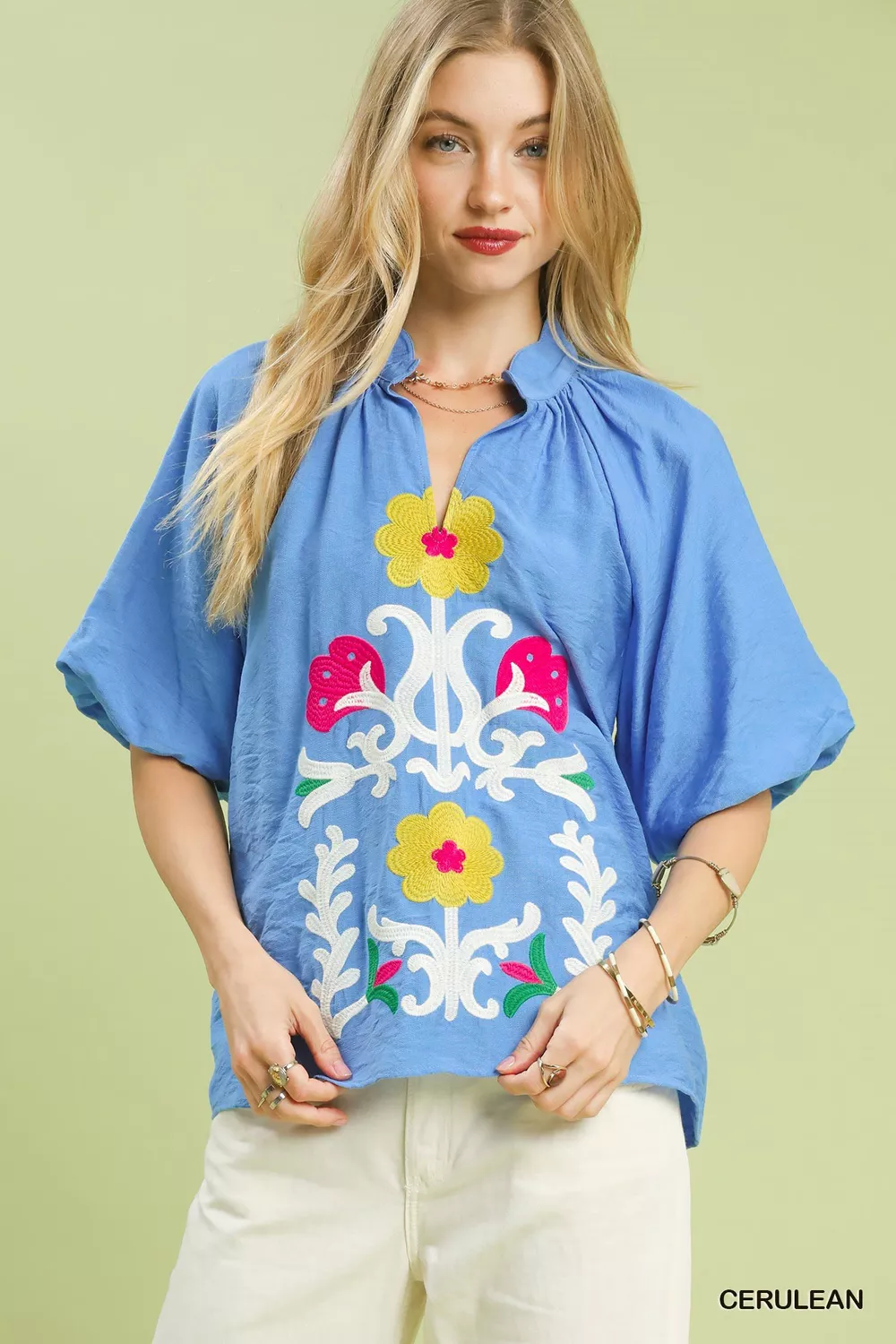 Umgee Embroidered Boho Puff Sleeve Blouse