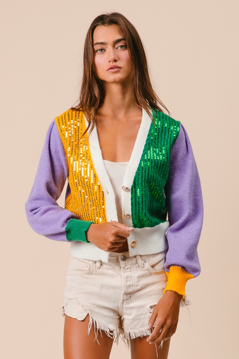 BiBi Mardi Gras Color Block Sequin Sweater Cardigan
