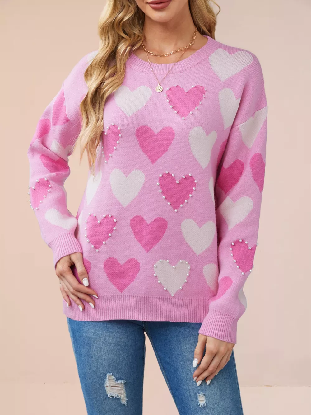 Heart Pattern Beaded Round Neck Sweater
