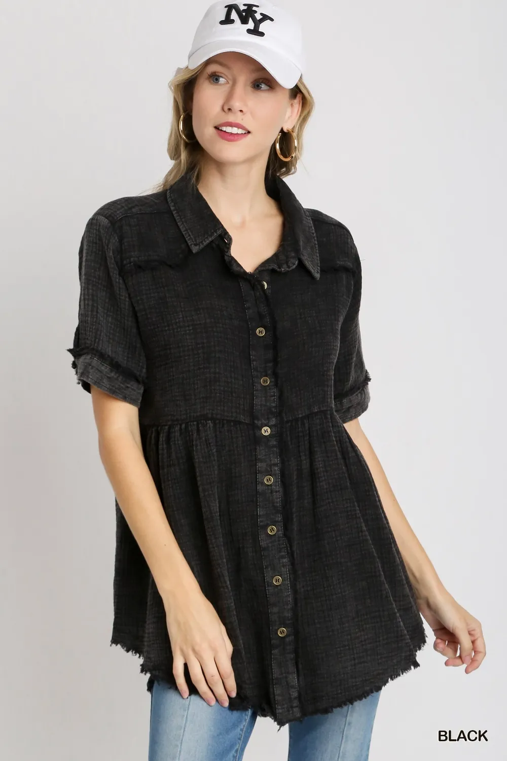 Umgee Full Size Cotton Gauze Button Front Shirt Plus Size