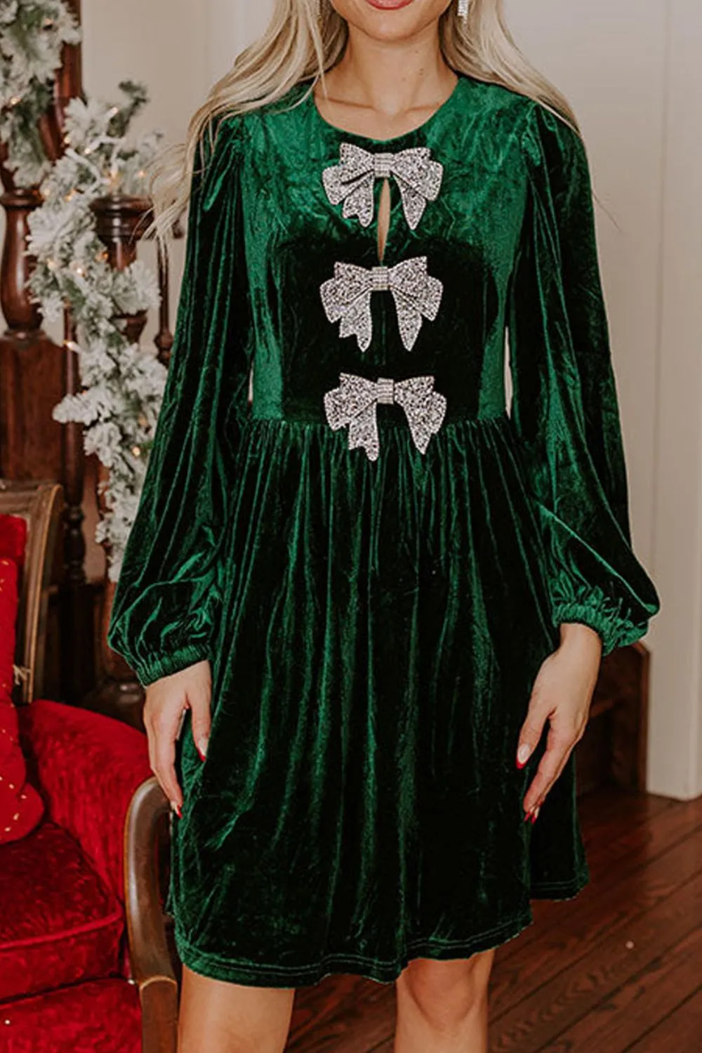 Velvet Bow Front Balloon Sleeve Dress