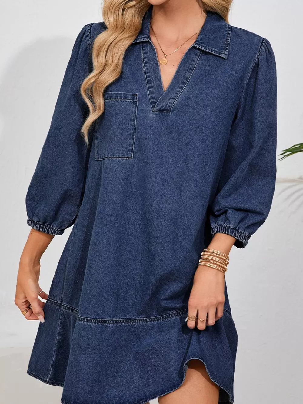 V Neck Collared Single Chest Pocket Long Sleeve Denim Dress