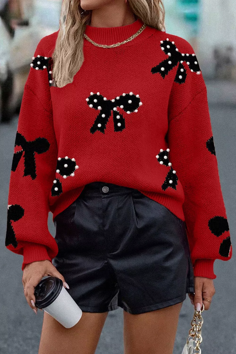 Round Neck Bow Pattern Pearl-Embellished Sweater