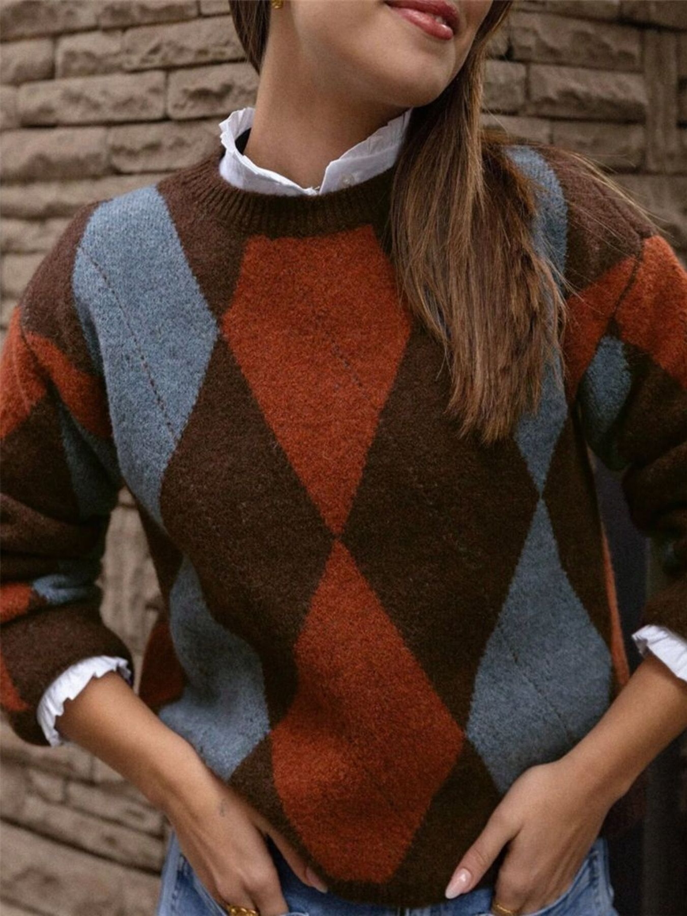 Vintage Argyle Round Neck Sweater