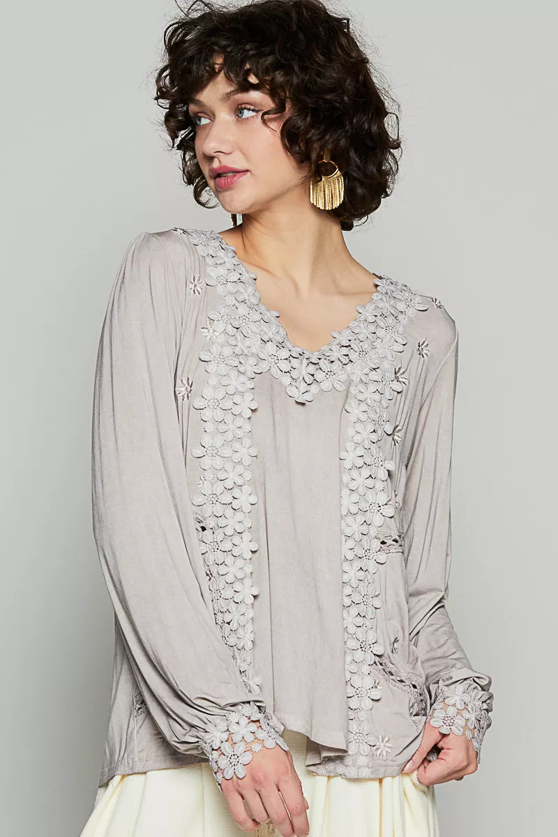 POL Floral Embroidery Woven Top with Lace Trim
