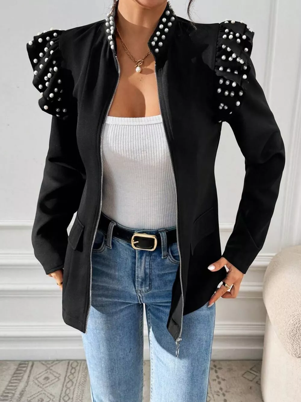 Pearl Embellished Shoulder Zip Up Jacket