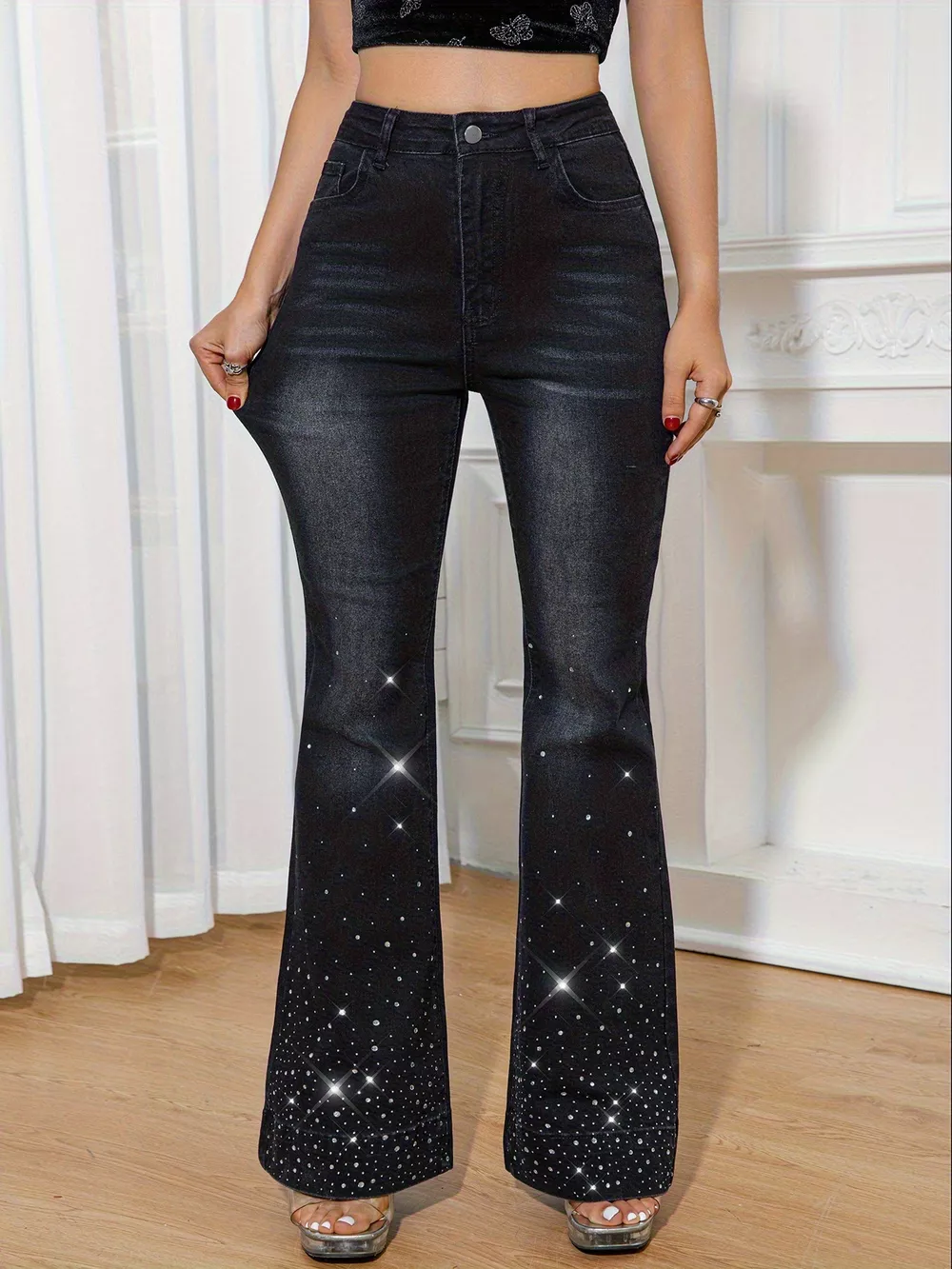 Rhinestone Embellished Flare Leg Jeans