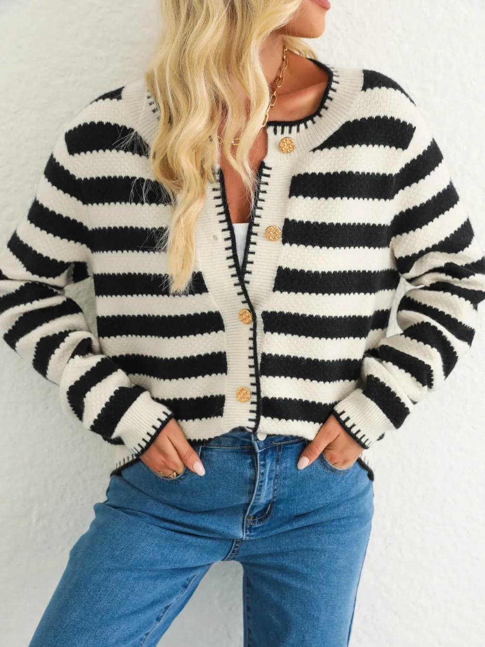 Button Down Striped Long Sleeve Cardigan