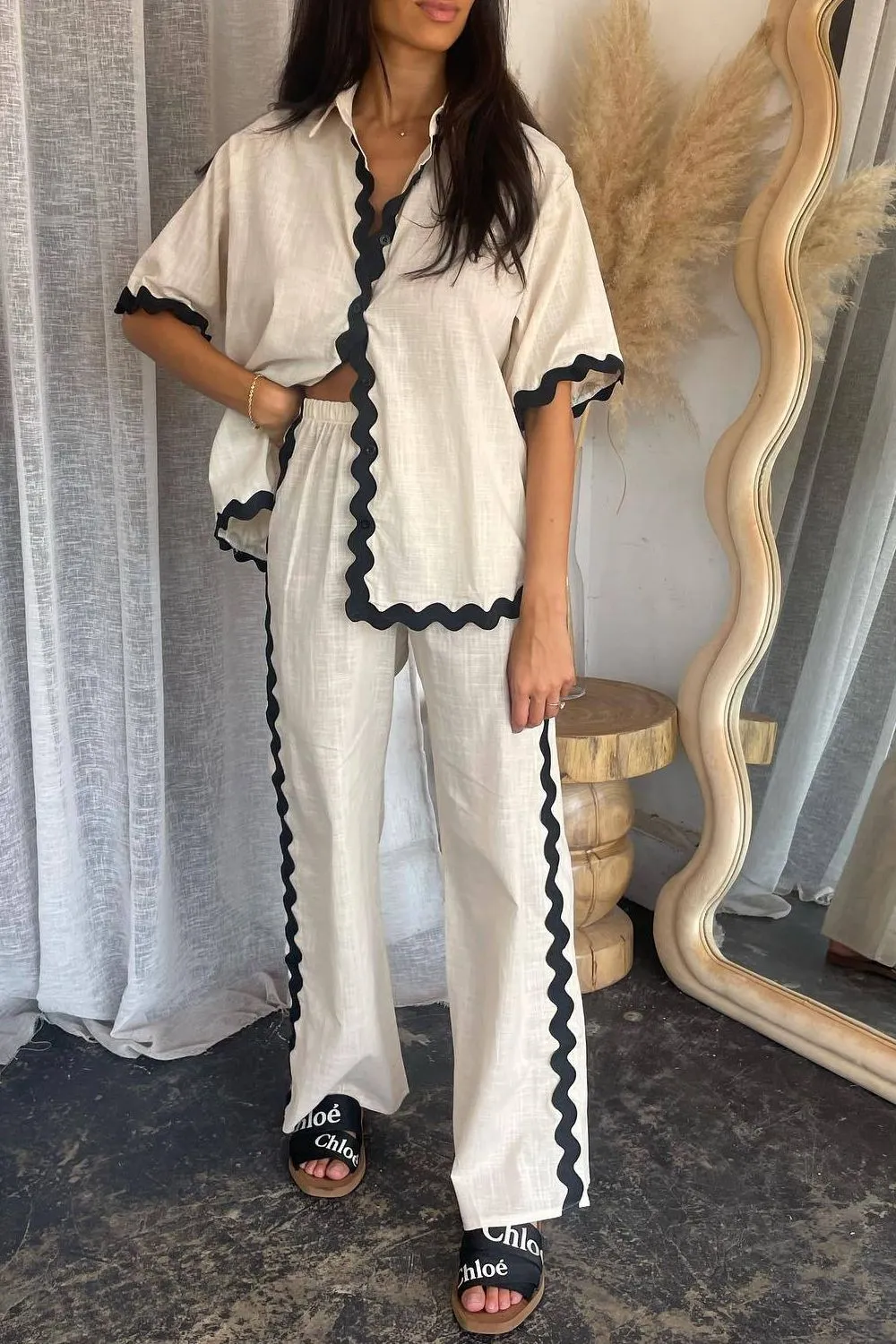 Contrast Trim Half Sleeve Top and Pants Set