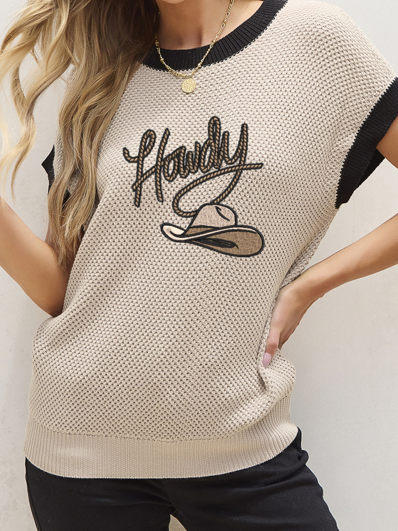 Howdy Cowboy Hat Embroidered Short Sleeve Sweater