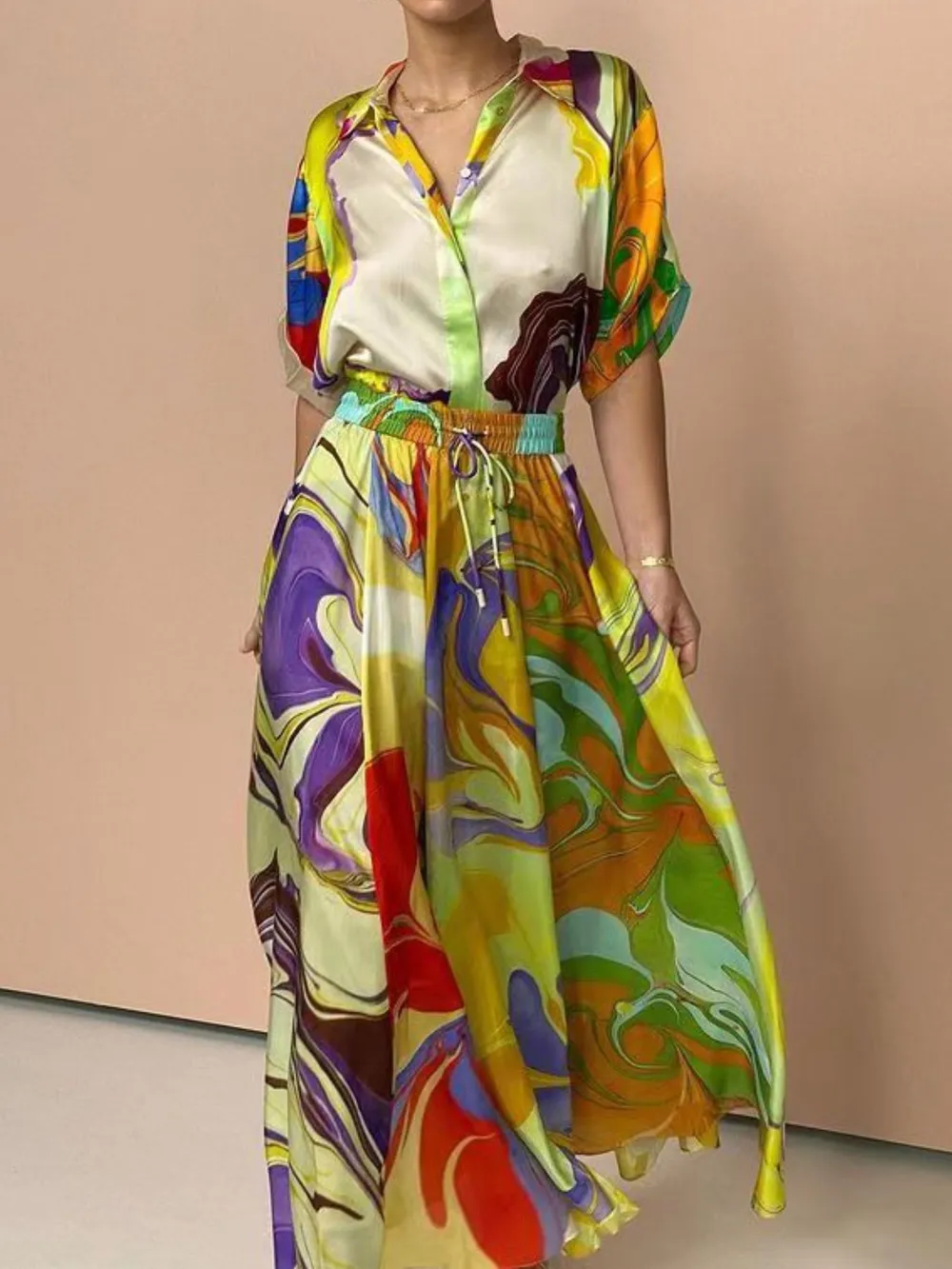 Printed Button Up Shirt and Skirt Set