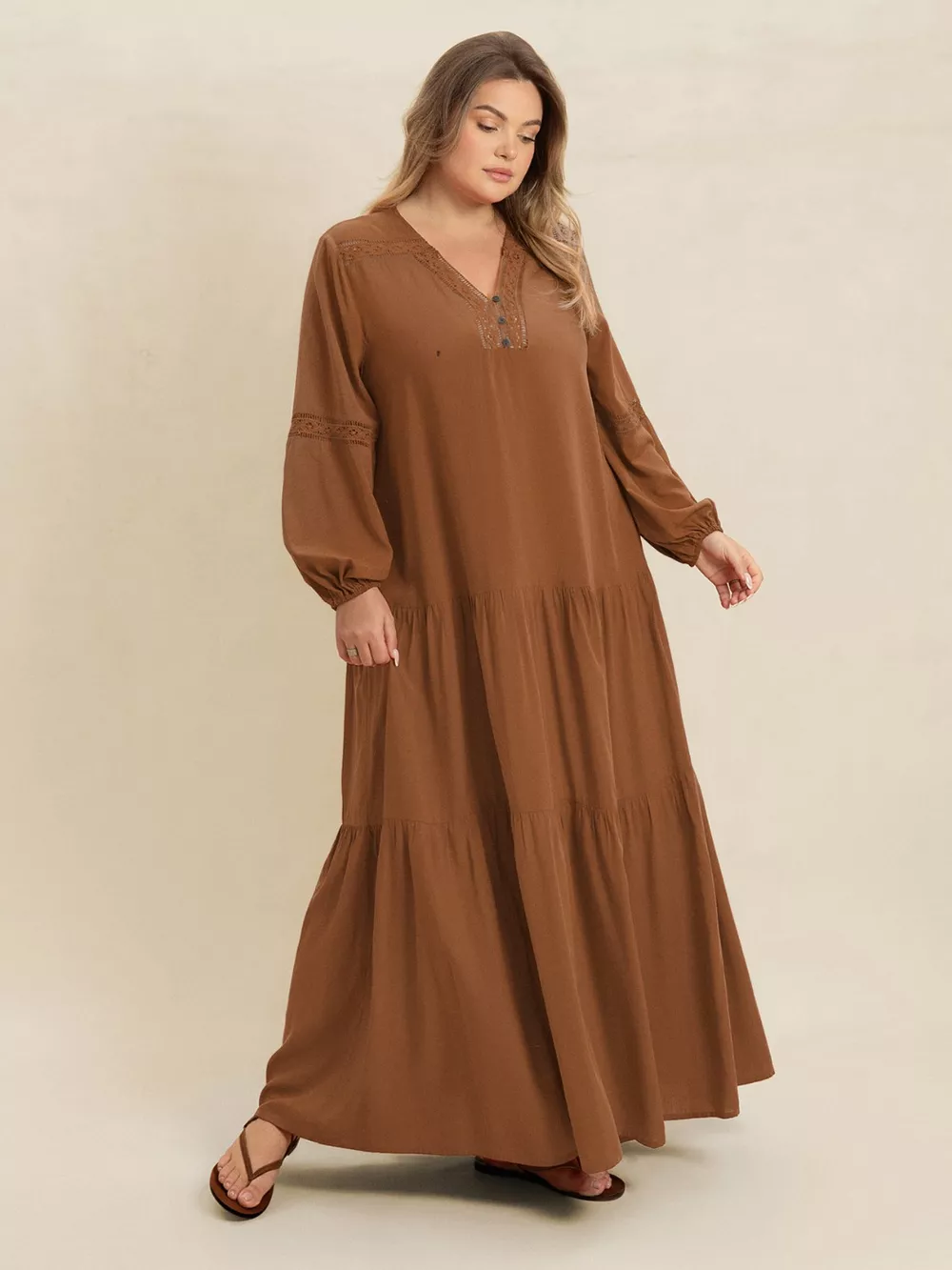 Plus Size Bohemian Tiered Maxi Dress with Balloon Sleeves