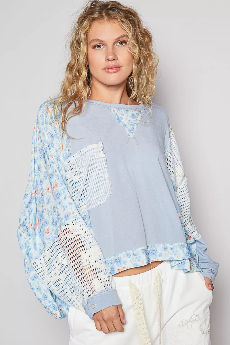 POL Round Neck Cropped Gauze Floral Pattern Top with Overlock Stitch Detail