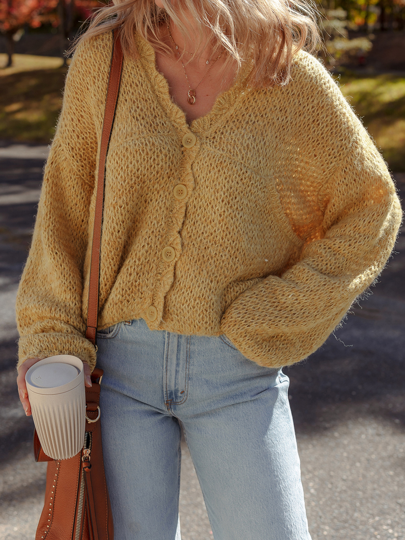 Lantern Sleeve Scallop V Neck Buttoned Front Cardigan