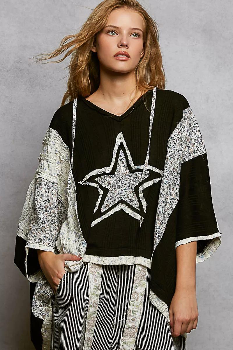 POL Floral Star Patch Hooded Blouse with Lace Contrast Detail