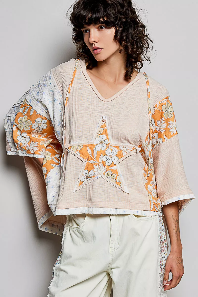 POL Floral Star Patch Hooded Blouse with Lace Contrast Detail