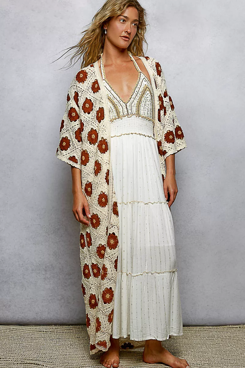 POL Open Front Floral Crochet Longline Cardigan